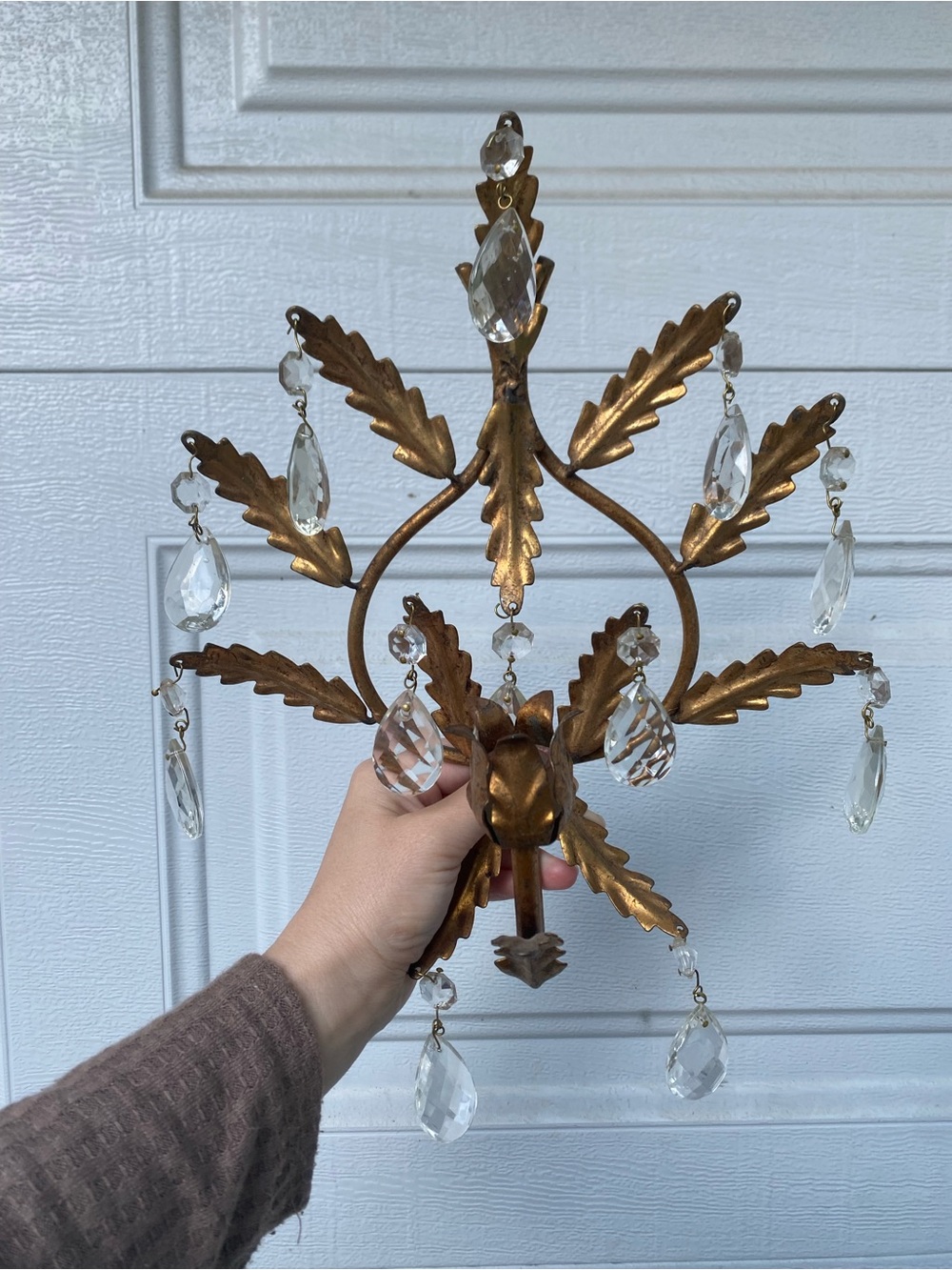 Vintage Ornate Gold Wall Sconce Cande Holder w/Crystal Prisms Hollywood Regency